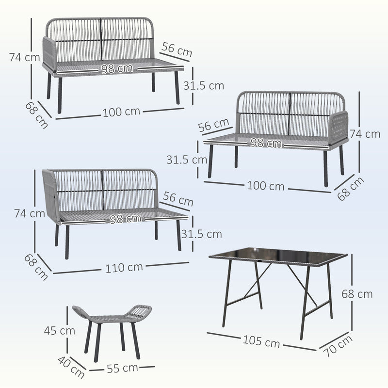 6 Seater Rattan Patio Furniture Set with Cushions and Table Charcoal Grey by Outsunny