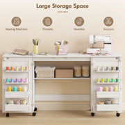 Folding Sewing Table with Storage and Wheels for Compact Home Craft Spaces White AOSOM