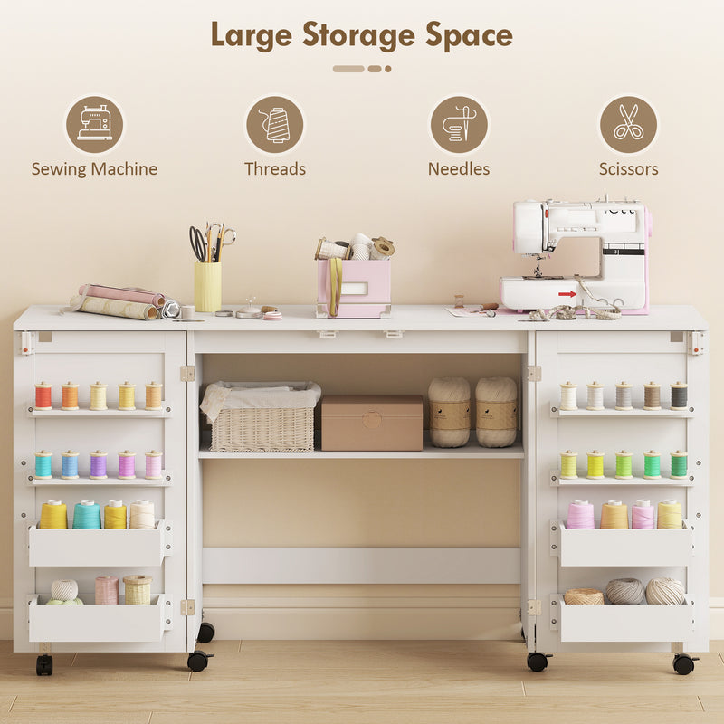 Folding Sewing Table with Storage and Wheels for Compact Home Craft Spaces White AOSOM