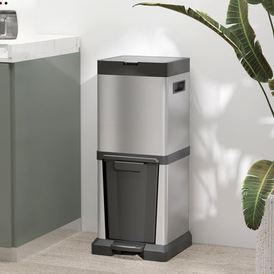 34L Double Kitchen Bin with Soft Close Lid Two Compartments for Waste and Recycling Grey