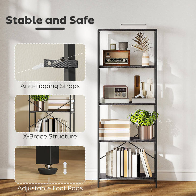5 Tier Industrial Style Bookcase With Sturdy Metal Frame For Home Office Storage Dark Grey Black AOSOM