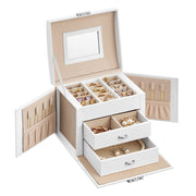 White jewellery box open on a plain background showing the lid mirror, two side panels and two drawers