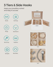 Graphic showing the 3 tiers and side hooks holding studs, earrings, rings, necklaces, bangles and bracelets