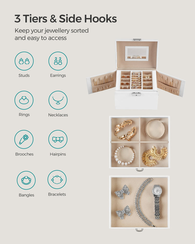Graphic showing the 3 tiers and side hooks holding studs, earrings, rings, necklaces, bangles and bracelets