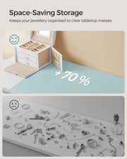 Comparison graphic showing the open white box holding jewellery tidily versus items scattered loose on a table