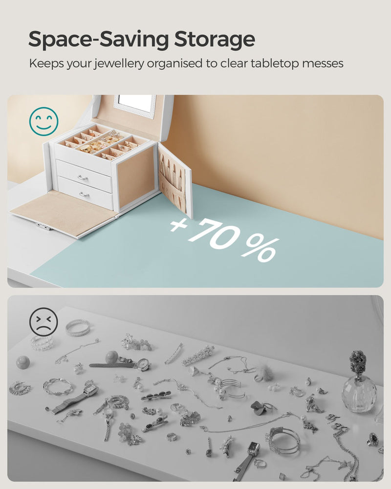 Comparison graphic showing the open white box holding jewellery tidily versus items scattered loose on a table