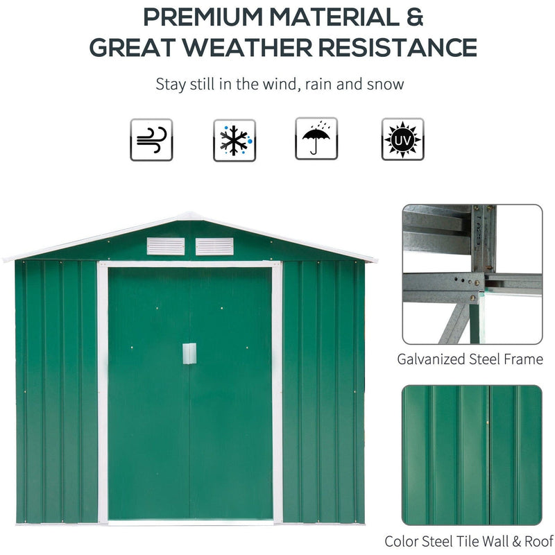 Green shed weather resistance panel with a galvanised steel frame close-up