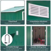 Green shed feature panel covering the pitched roof, four vents, padlock point and sliding doors