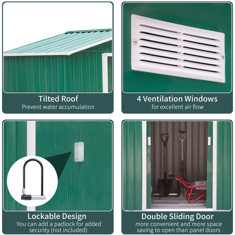 Green shed feature panel covering the pitched roof, four vents, padlock point and sliding doors