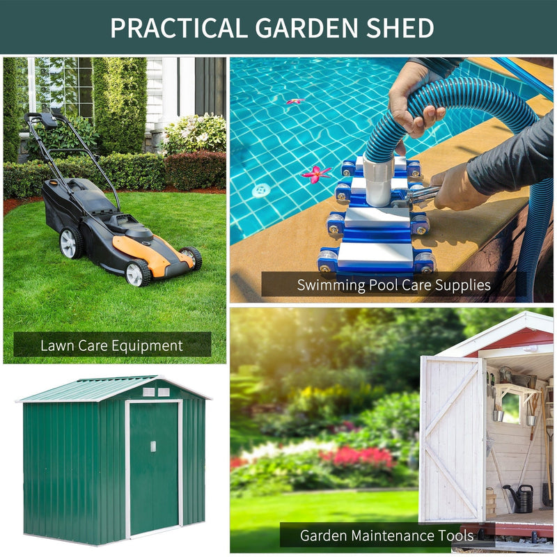 Collage showing lawn care, pool supplies and garden tools stored in the green shed