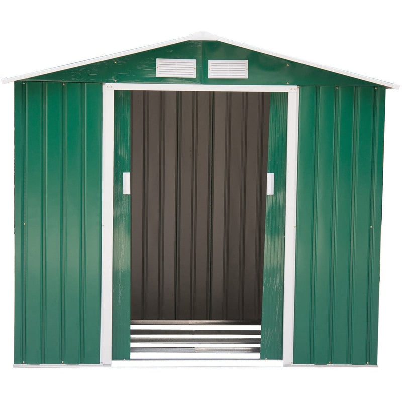 Green shed front view with both sliding doors open