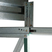 Close-up of the galvanised steel frame rails and bolt fixings