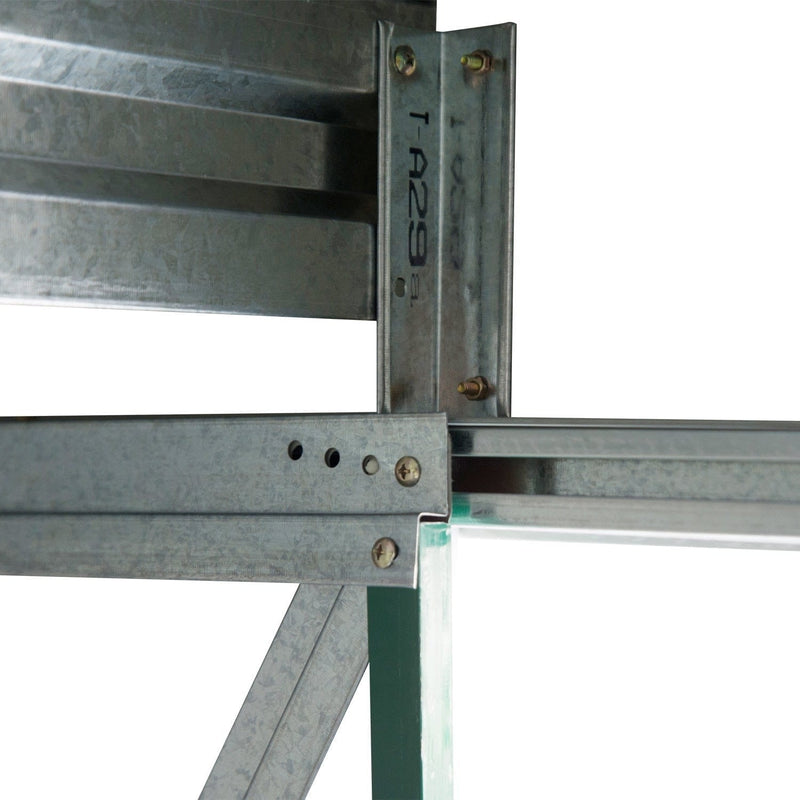 Close-up of the galvanised steel frame rails and bolt fixings
