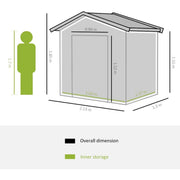 Steel grey shed dimension diagram showing overall and inner storage sizes