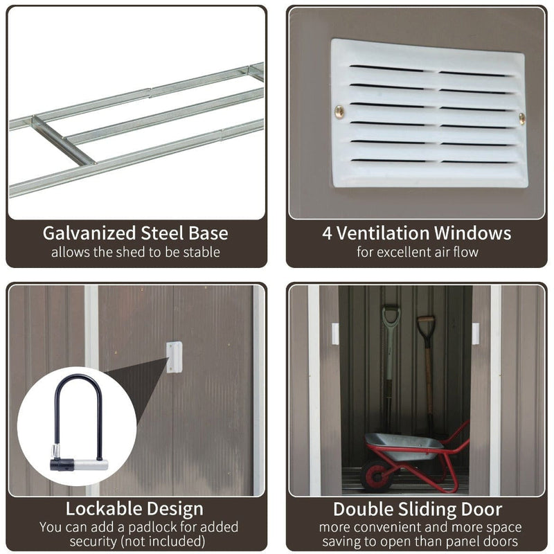 Steel grey shed feature panel covering the steel base, four vents, lock point and sliding doors