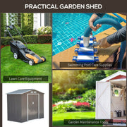Collage for the steel grey shed showing a mower, pool equipment and garden tools
