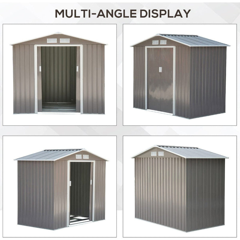 Multi-angle display of the steel grey shed from four sides