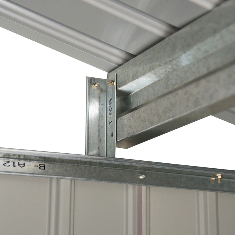 Close-up of the galvanised steel corner post and frame bracket