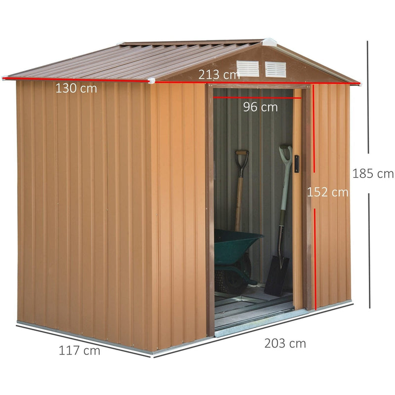 Tan yellow shed dimension diagram showing 213 x 130 x 185 cm
