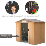 Tan yellow shed with the door open showing its storage capacity