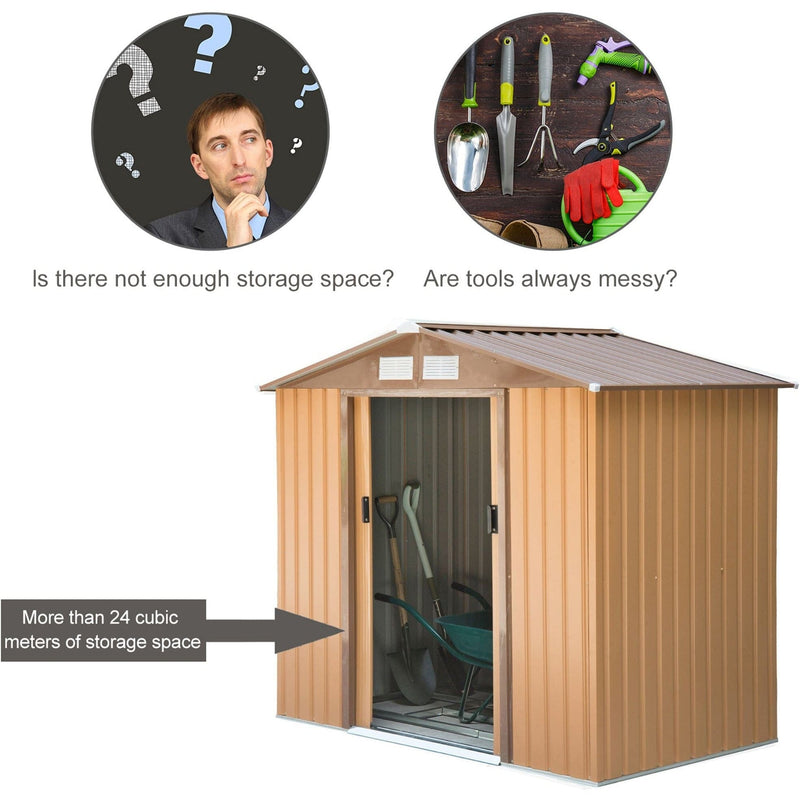 Tan yellow shed with the door open showing its storage capacity