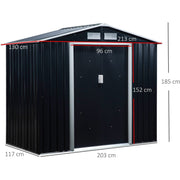Dimension diagram of the 7x4ft shed showing 213 x 130 x 185 cm