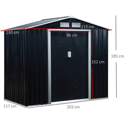 Dimension diagram of the 7x4ft shed showing 213 x 130 x 185 cm