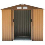 Tan yellow shed front view with both sliding doors open