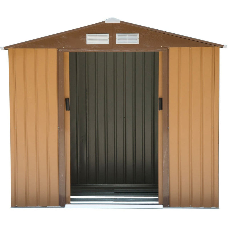 Tan yellow shed front view with both sliding doors open