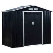 Dark grey shed studio view from the front left showing the apex roof
