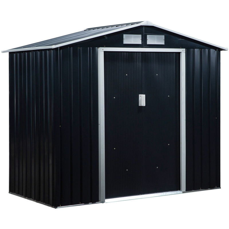Dark grey shed studio view from the front left showing the apex roof