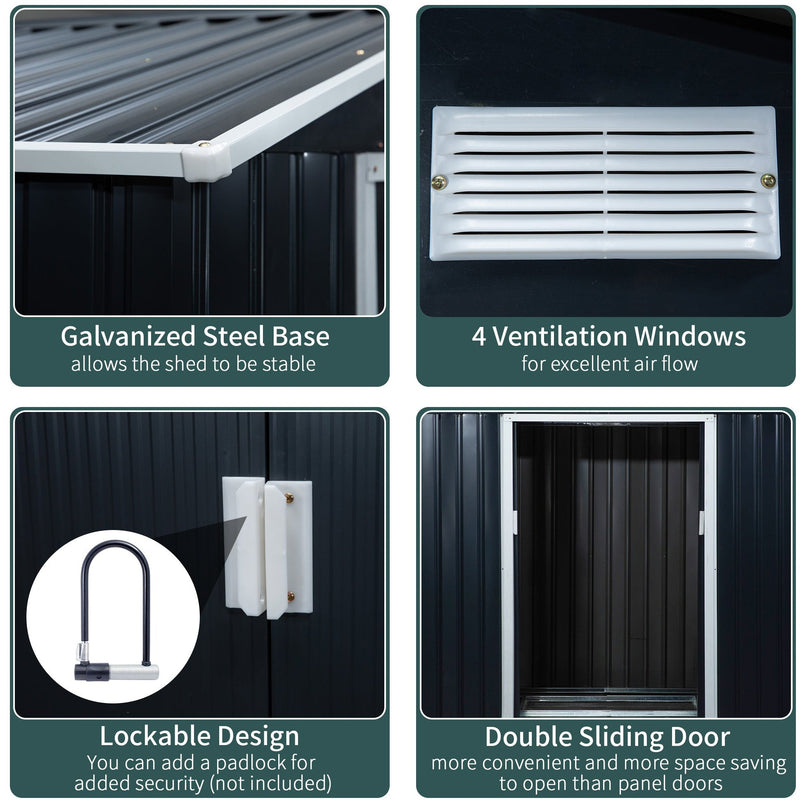 Dark grey shed feature panel with steel base, four vents, padlock point and sliding doors