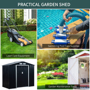 Collage for the dark grey shed showing a mower, pool kit and garden tools