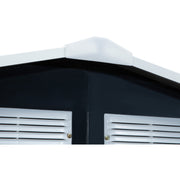 Close-up of the white ridge cap above two front ventilation louvres