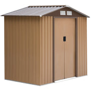 Tan yellow shed angled studio view with the doors closed
