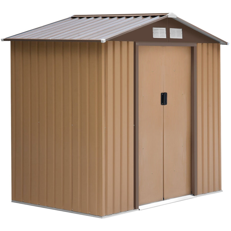 Tan yellow shed angled studio view with the doors closed