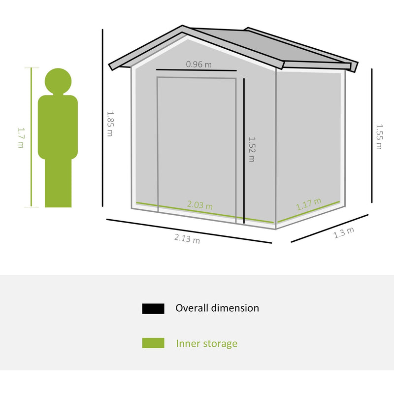 Tan yellow shed dimension diagram with a person shown for scale