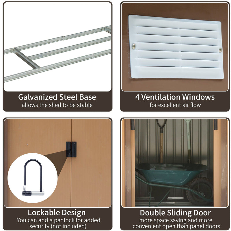 Tan yellow shed feature panel with base frame, vents, padlock point and sliding doors