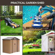 Collage for the tan yellow shed showing lawn care, pool care and garden tools