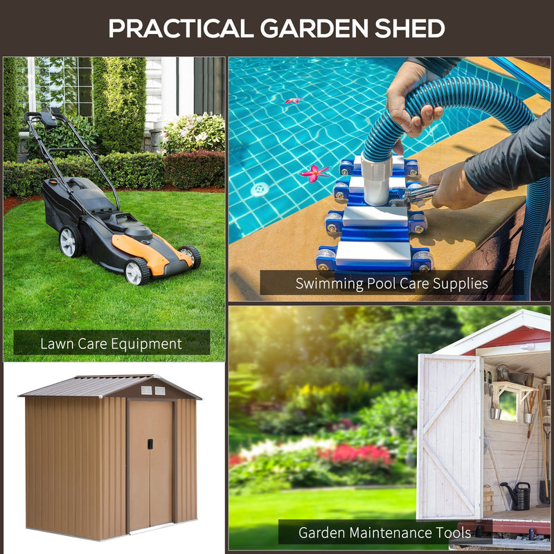 Collage for the tan yellow shed showing lawn care, pool care and garden tools