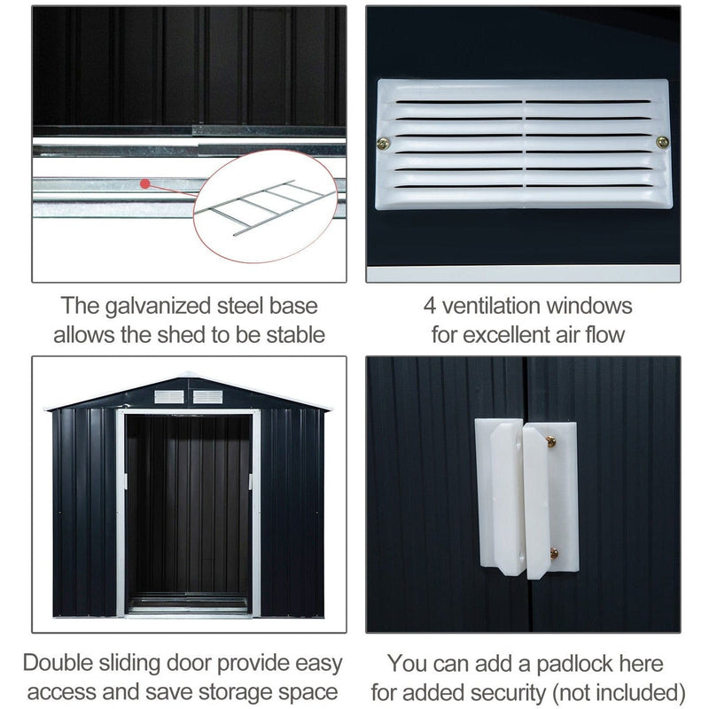 Feature panel showing the galvanised base, ventilation louvres, sliding doors and padlock point