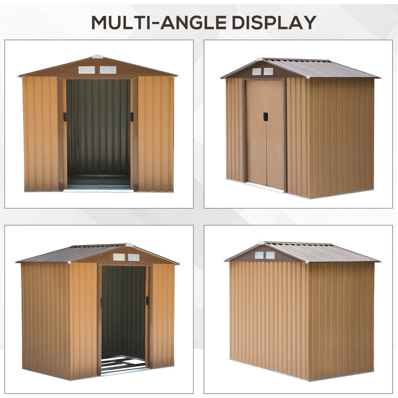Multi-angle display of the tan yellow shed from four sides