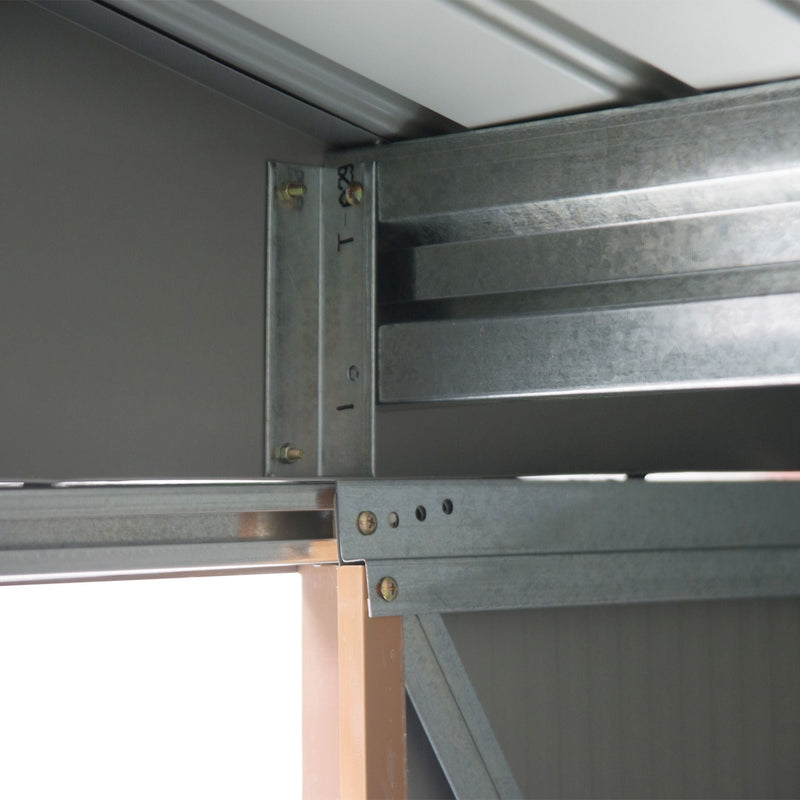 Interior corner showing the galvanised roof beam and frame joint