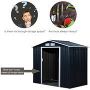 Dark grey shed with the door open showing indoor storage space