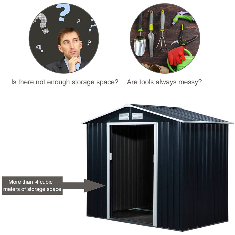 Dark grey shed with the door open showing indoor storage space