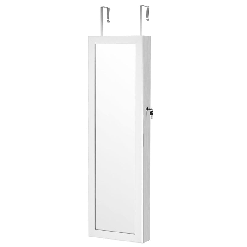Closed white cabinet hanging on over-door hooks, straight-on view showing the lock