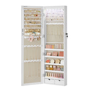 Open cabinet interior fully stocked with earrings, rings, necklaces and cosmetics