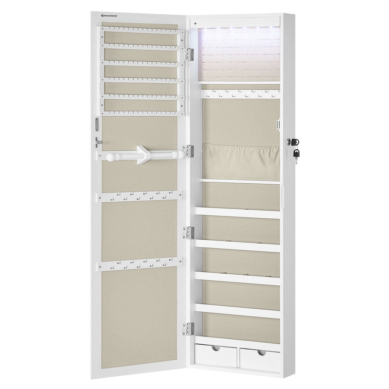 Empty open cabinet interior showing the earring rows, LED strip, shelves and drawers