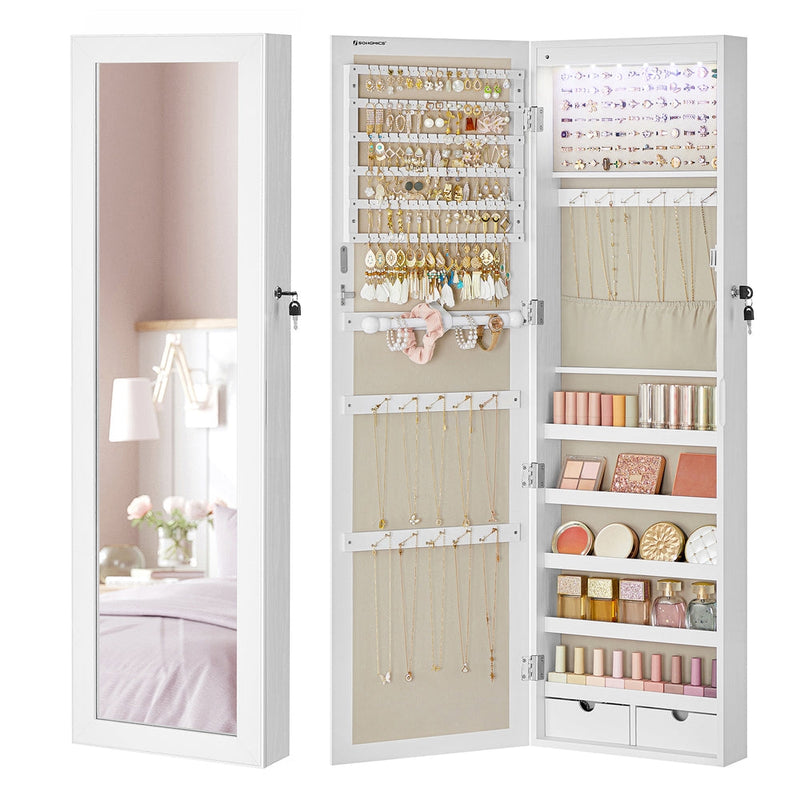 Songmics jewellery cabinet showing the closed mirror side and the open, fully stocked cabinet side by side
