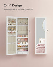 Graphic showing the 2-in-1 design, a jewellery cabinet combined with a full-length mirror